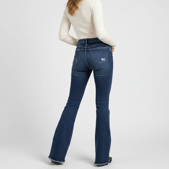 High-Rise Distressed Flare Jeans Size 7 With Button Fly & Frayed Hem By Highway - Picture 2 of 6